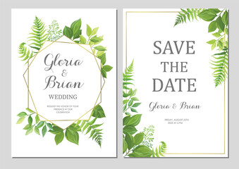 Wedding invitation with green leaves border and geometric frames. Invite card with place for text. Frame with forest herbs. Vector illustration.