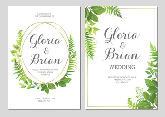 Wedding invitation with green leaves border and geometric frames. Invite card with place for text. Frame with forest herbs. Vector illustration.