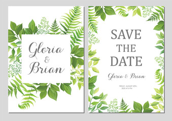 Wedding invitation with green leaves border. Invite card with place for text. Frame with forest herbs. Vector illustration.