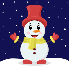 Snowman in hat and mittens rejoices in the snow