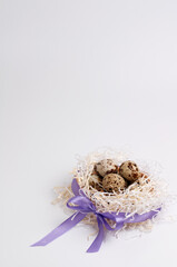 quail eggs in paper filling, tied with a purple satin ribbon on a white background with a place for the signature