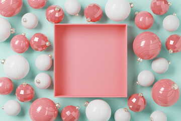 Obraz na płótnie Canvas Blank pink open paper box with Christmas balls on blue paper background. 3d render, background for product and design.