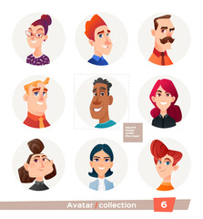 Collection of avatars, people. A set of user faces for a web forum or account. Icons of men and women.