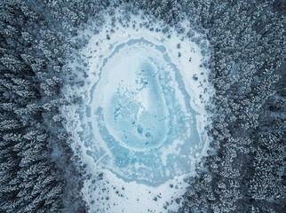 Aerial view of frozen pond in the middle of winter forest.