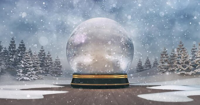 Winter landscape with glossy snow globe on wooden deck and snow covered trees at snowfall. Winter holiday 4k interior animation.