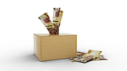 3D rendering of Kenyan shilling notes in wooden Savings box isolated on white background