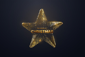 Golden Christmas ball isolated on black background. Merry Christmas banner design.