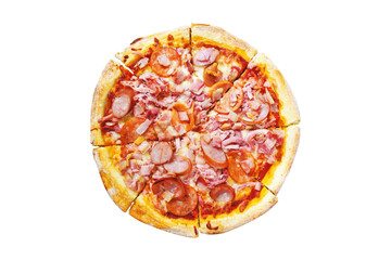 top view of meat lovers pizza with topping pepperoni salami sausage and ham on wooden table
