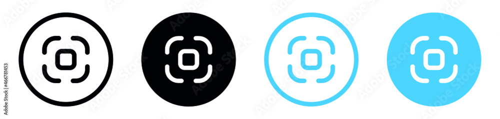 Poster capture icon, scan qr code icon, center focus symbol, auto focus icon, screen shot, resize, full screen in filled, thin line, outline and stroke style for apps and website