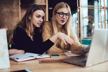 Focused women using laptop in cafe