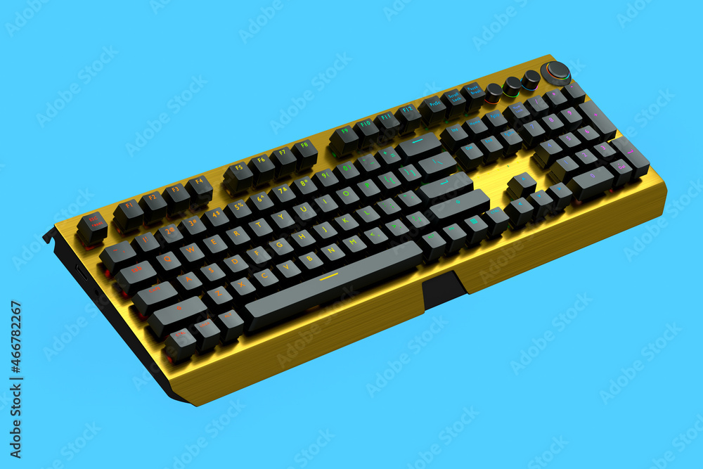 Poster yellow computer keyboard with rgb colors isolated on blue background.