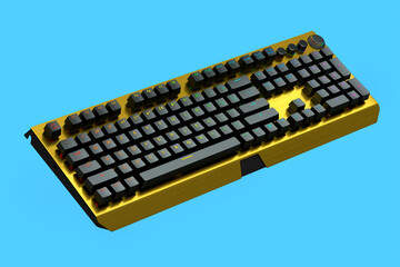 Yellow computer keyboard with rgb colors isolated on blue background.