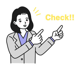 両手で指差してポイントを紹介する女性のイラスト素材