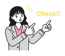 両手で指差してポイントを紹介する女性のイラスト素材