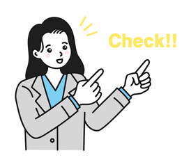 両手で指差してポイントを紹介する女性のイラスト素材