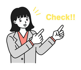 両手で指差してポイントを紹介する女性のイラスト素材