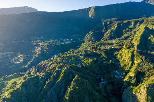 Aerial view of mountain landscape at sunset near Salazie township, Reunion.