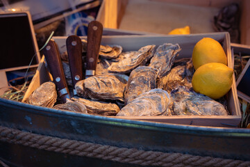 Fresh uncut oysters with lemons in a box. Seafood at mass events.