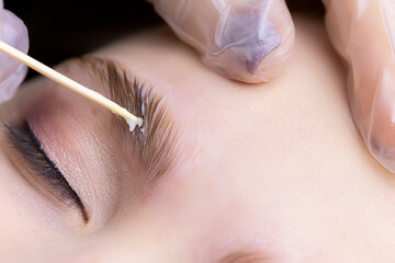 macro photography of eyebrow hairs on which laminating compounds are applied spreads them over the...