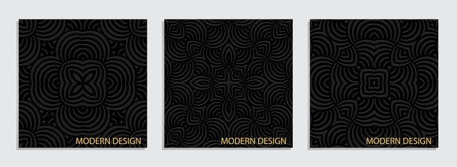 Set of square embossed black web banner backgrounds with geometric volumetric convex ethnic 3D pattern. Oriental, Indonesian, Mexican, Aztec style, handmade technique. 