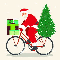 Happy New Year. Poster Santa Claus on a bicycle delivers gifts and a Christmas tree. Festive modern postcard. Vector.