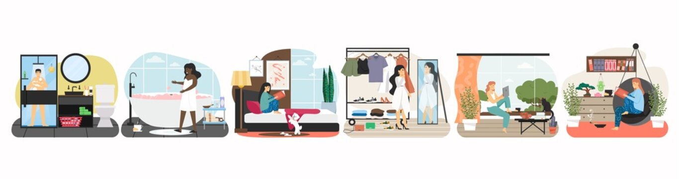 People take rest, enjoy free time at home taking bath, shower, reading book. Leisure activity, daily routine, vector