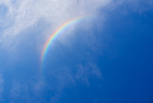 beautiful rainbow colours from a high altitude Circumzenithal arc with cirrus clouds and deep blue sky