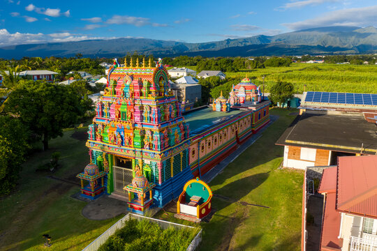 Aerial view of Temple du Colosse, a colourful religious temple in Saint Andre township, Saint Benoit, Reunion.