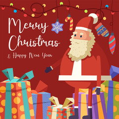 Cozy Christmas greeting. Cute cartoon Santa Claus against multicolor gift boxes and Xmas decoration background. Square greeting card, poster, banner, Instagram post