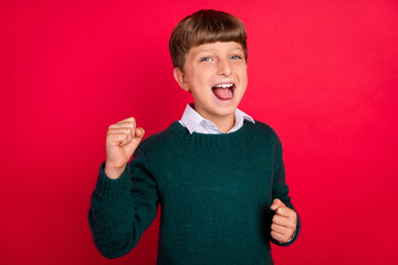 Photo of funky lucky school boy wear knitted pullover smiling rising fists isolated red color background
