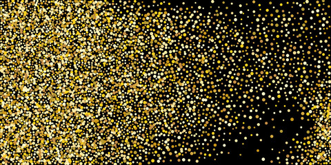Golden point confetti on a black background. Illustration of a drop of shiny particles. Decorative element. Element of design. Vector illustration, EPS 10.