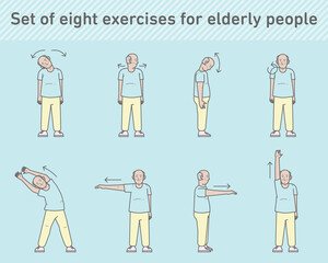 Set of eight exercises for elderly people illustration
