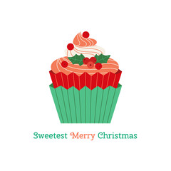 Sweet Christmas dessert cupcake cute vector icon. Festive pastry holly berry decorated cartoon design element. Sweetest Merry Christmas. Winter season holiday homemade bakery background illustration