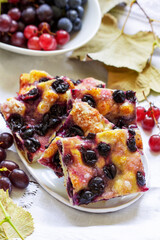 Traditional Italian yeast dough pie with grapes Schiacciata and bunches of grapes on a light background.