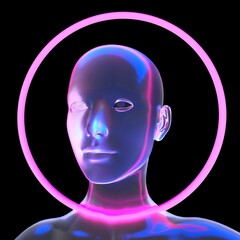 3D illustration of an alien-looking bald woman with a neon circle around her head. Concept of the Artificial intelligence.