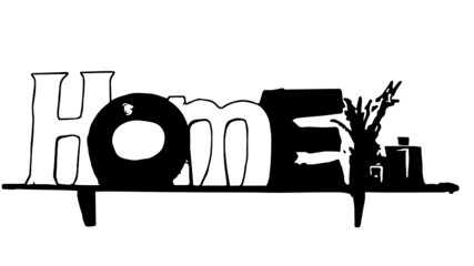 Vettoriale Scritta home in bianco e nero su mensola con fiori e bottiglia profumo ambiente © AntoMes