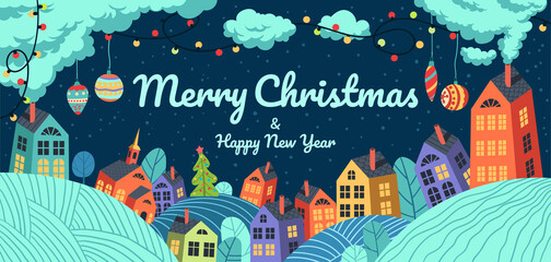 Vector Christmas landscape with garland and gingerbread cookies decoration. Colorful houses and people skating on the ice river in the evening. Horizontal Xmas greeting card, header, banner template