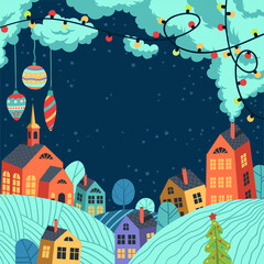 Christmas landscape with garland and tree toys decoration. Cute colorful houses with illuminated windows and Xmas tree in small town in the evening. Square greeting copy space template