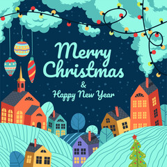 Christmas landscape with garland and tree toys decoration. Cute colorful houses with illuminated windows and Xmas tree in small town in the evening. Square greeting card, poster, flyer, Instagram post