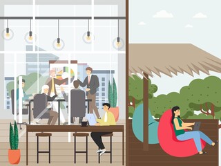 Coworking lifestyle. Modern business office space for freelance workers, remote teams, vector illustration.