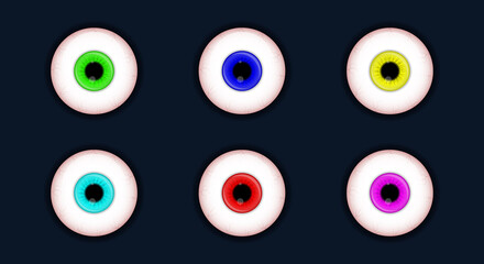 Set of spooky eyes vector illustration. Halloween scary eyeball collection isolated on white background. Decorations for horror parties. Detailed eyeball in eight colors. Vector Realistic Illustration