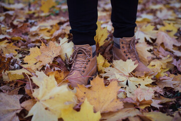 Leather boots of sports type on the feet of a woman walking among the fallen leaves in autumn. Warm...