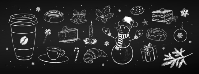 Chalk drawn Christmas decoration elements for cafe