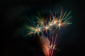 Colorful Fireworks, red and green, long exposure, horizontal format