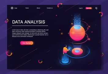 Isometric data analytic concept for business report. Modern flat design isometric concept Data management for website and mobile site. Landing page template, dark theme. Easy to edit and customize.