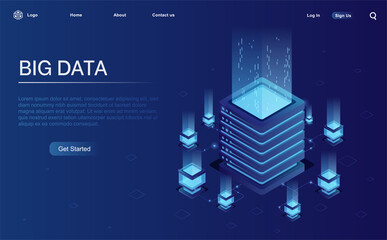 Server. Digital space. Data storage. Data processing center. Great date. Network or mainframe infrastructure website header layout Isometric vector illustration.