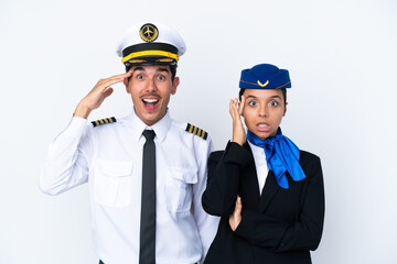 Airplane pilot and mixed race air hostess isolated on white background has just realized something and has intending the solution
