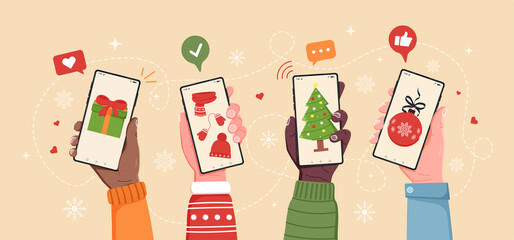 Abstract christmas online shopping concept with 4 hands holding smartphones with christmas gifts on the screens. Flat cartoon vector illustration