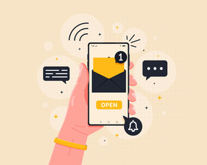 New email notification on mobile phone vector illustration, smartphone screen with new unread email and read envelope icons, inbox concept. Flat style vector illustration.