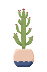 Botancal illustration with leaves and plant. Beautiful flower vase with colorful flower vector flat icon. Colorful flower in vase isolated flat icon on white background. Vector illustration eps 10